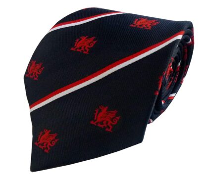 Bottle Green Mens Tie with Red Welsh Dragon Design with Stripes Cymru Wales - Image 2