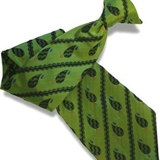 Mens 100% Silk Clip On Tie (Green & Black Paisley Stripe)