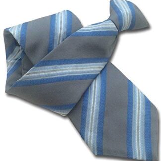 Mens 100% Silk Clip On Tie (Grey with Blue & White Stripes)