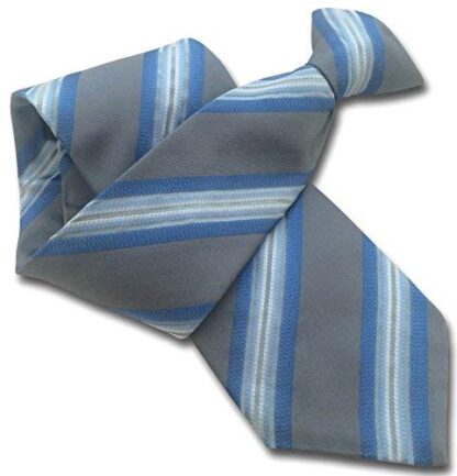 Mens 100% Silk Clip On Tie (Grey with Blue & White Stripes)