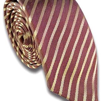 Mens 100% Silk Skinny Tie (Brown with Gold Stripe)
