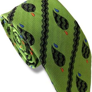 Mens 100% Silk Skinny Tie (Retro Green Paisley Stripe)