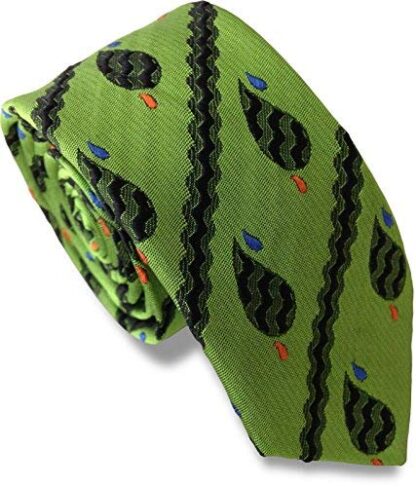 Mens 100% Silk Skinny Tie (Retro Green Paisley Stripe)