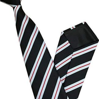 Mens Striped Clip On Tie (Black and White with Thin Red Stripes)
