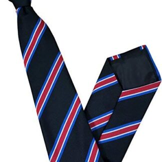 Mens Striped Clip On Tie (Black with Red, Blue & White Stripes)