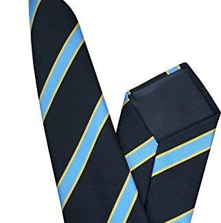 Mens Striped Clip On Tie (Black with Sky Blue & Yellow Stripes)