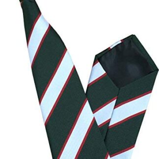Mens Striped Clip On Tie (Bottle Green with Red & White Stripes)