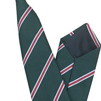 Mens Striped Clip On Tie (Green with Thin Red & White Stripes)