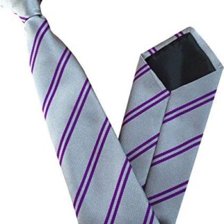 Mens Striped Clip On Tie (Grey with Double Purple Stripes)