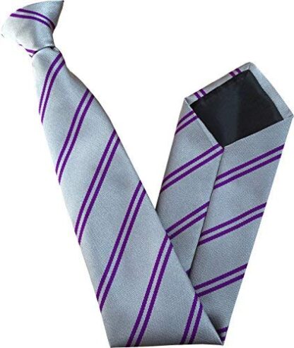 Mens Striped Clip On Tie (Grey with Double Purple Stripes)