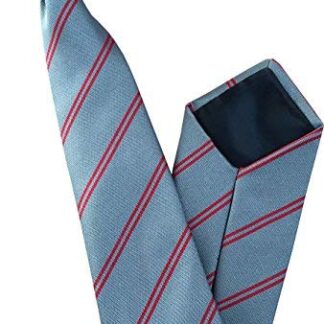Mens Striped Clip On Tie (Grey with Double Red Stripe)