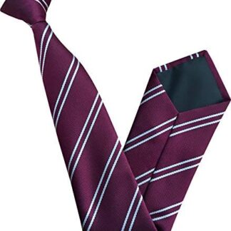 Mens Striped Clip On Tie (Maroon with Silver Stripes)