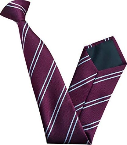 Mens Striped Clip On Tie (Maroon with Silver Stripes)