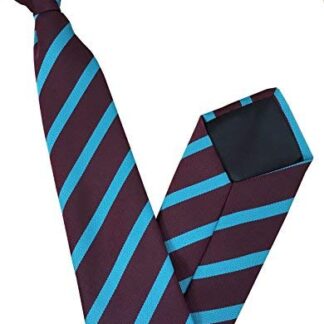 Mens Striped Clip On Tie (Maroon with Sky Blue Stripe)