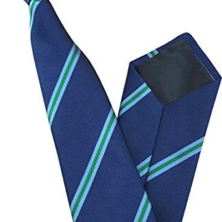 Mens Striped Clip On Tie (Navy with Sky Blue & Green Stripes)