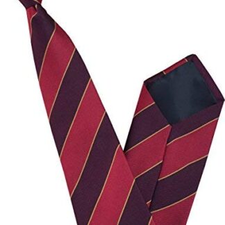 Mens Striped Clip On Tie (Plum, Red & Gold Stripe)