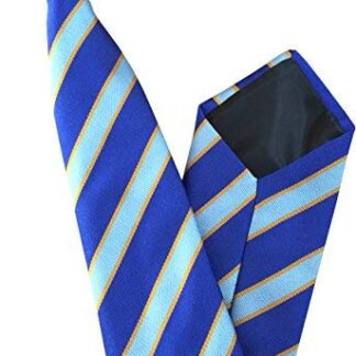 Mens Striped Clip On Tie (Royal Blue, Sky Blue & Gold Stripe)