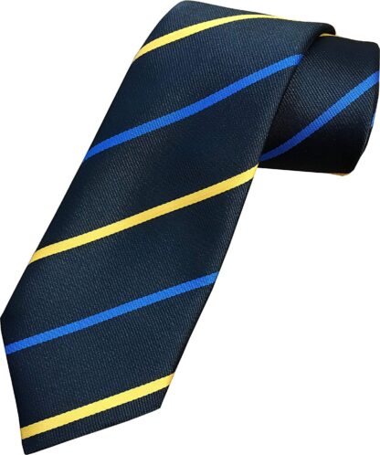 Mens Striped Neck Tie in Black with Blue & Yellow Stripes