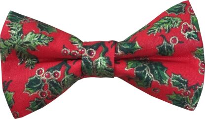 100% Cotton Bow Tie Ready Tied Christmas Xmas Vintage Style Red Holly Design